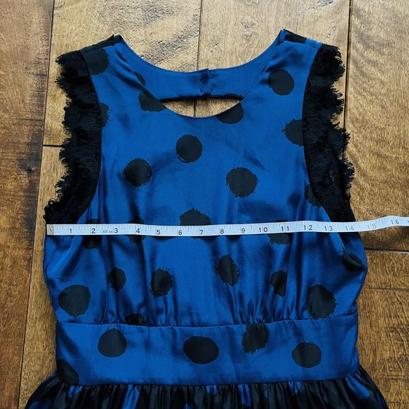 Corey Lynn Calter Blue Black Polka Dot Open Back Sleeveless Dress w/ Lace Edge - Picture 8 of 11